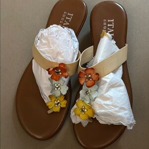 Italian Shoemakers Cream and Brown Floral Sandals